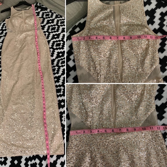 AIDAN BY AIDAN MATTOX Champagne Silver Halter Sequin Illusion Cut Open Back Gown - Picture 15 of 15